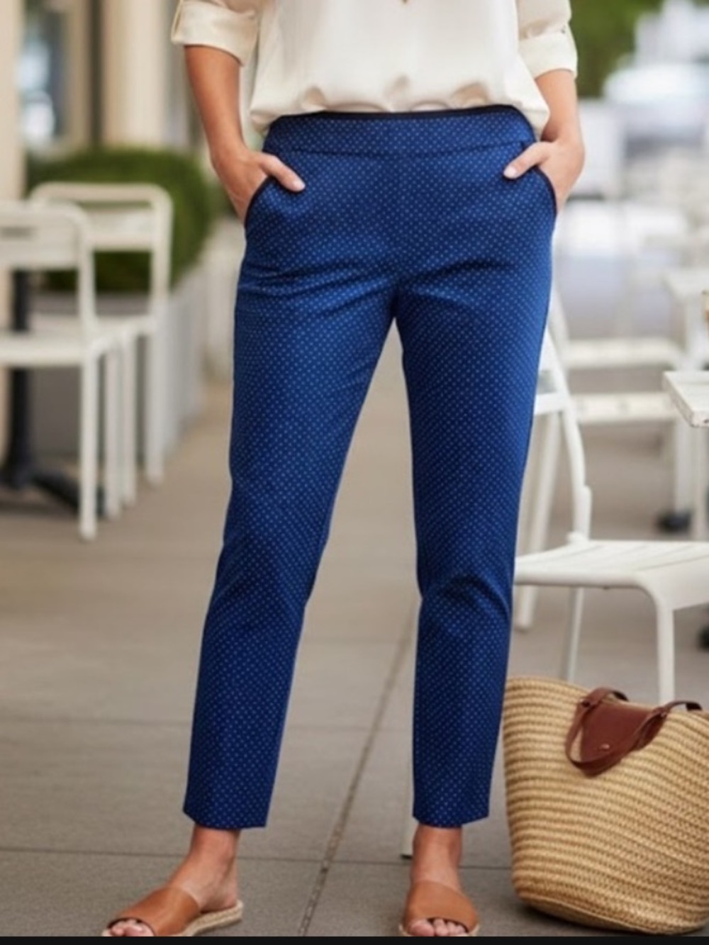 Roz & Ali Womens Pants Size 14 Ankle Blue White Polka Dot Classic Fit Pockets